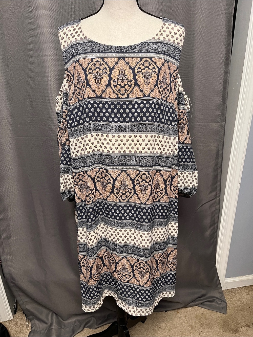 Luxology Navy, Cream and Tan Cold-Shoulder Midi Dress